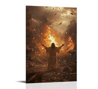 GEMTOFNMA Poster decorativo da appendere con Gesù nel centro di una città in rovina, con le mani alzate mentre il fuoco si trasforma in pioggia e cenere ai petali. Decorazione artistica da appendere