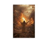 GEMTOFNMA Poster decorativo da appendere con Gesù nel centro di una città in rovina, con le mani alzate mentre il fuoco si trasforma in pioggia e cenere ai petali. Decorazione artistica da appendere