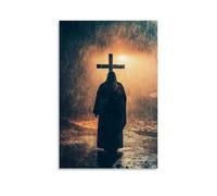 GEMTOFNMA Poster decorativo da appendere con la croce nella tempesta, Gesù in piedi contro il vento e la pioggia, poster artistico decorativo da appendere, 60 x 90 cm