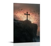 GEMTOFNMA Poster decorativo da appendere con la croce sulla scogliera e luce che disegna uccelli marini da oltre l'orizzonte, poster decorativo da appendere, 40 x 60 cm