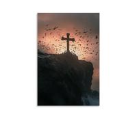 GEMTOFNMA Poster decorativo da appendere con la croce sulla scogliera e luce che disegna uccelli marini da oltre l'orizzonte, poster decorativo da appendere, 20 x 30 cm