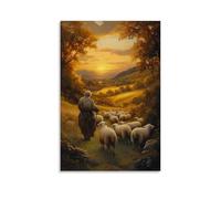 GEMTOFNMA Poster decorativo da appendere con la pecora che ritorna alle braccia del pastore al tramonto, campi dorati e lupi distanti tra le colline ombreggiate. Poster decorativo da appendere in