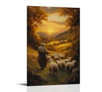 GEMTOFNMA Poster decorativo da appendere con la pecora che ritorna alle braccia del pastore al tramonto, campi dorati e lupi distanti tra le colline ombreggiate. Poster decorativo da appendere, 40 x