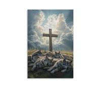 GEMTOFNMA Poster decorativo da appendere con lupi che dormono intorno a una croce di legno in un prato, mentre la luce del sole attraversa le nuvole come il respiro divino. Poster artistico decorativo