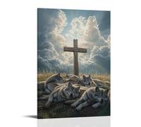 GEMTOFNMA Poster decorativo da appendere con lupi che dormono intorno a una croce di legno in un prato, mentre la luce del sole attraversa le nuvole come il respiro divino. Poster artistico decorativo