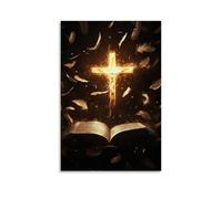 GEMTOFNMA Poster decorativo da appendere con pagine della Bibbia cadono come piume intorno a una croce incandescente, ogni parola prende fuoco prima di rivolgersi all'oro. Poster decorativo da