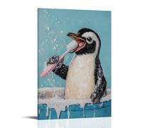 GEMTOFNMA Poster decorativo da appendere con pittura a olio di un pinguino che si lava i denti con entrambe le pinne, schiuma che spruzza su uno specchio blu pastello. Decorazione artistica da