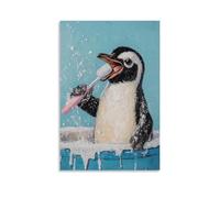 GEMTOFNMA Poster decorativo da appendere con pittura a olio di un pinguino che si lava i denti con entrambe le pinne, schiuma che spruzza su uno specchio blu pastello. Decorazione artistica da