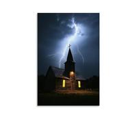 GEMTOFNMA Poster decorativo da appendere in stile contemporaneo, 30 x 45 cm, motivo: fulmine colpisce il campanile di una chiesa di campagna, spaccando il legno ma lasciando intatta la croce