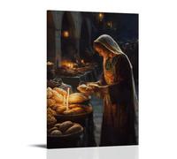 GEMTOFNMA Poster decorativo da appendere in stile contemporaneo, 30 x 45 cm, motivo: Mary guarda su un mercato all'alba, benedizione mercanti mentre mettono il pane accanto alla candela