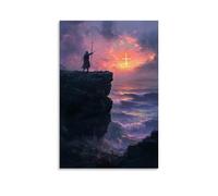 GEMTOFNMA Poster decorativo da appendere in stile contemporaneo, 40 x 60 cm, con scritta in inglese "On A Cliff's Edge, A Knight Raises His Sword in Salute to the Cross" (alba che sorge dal mare)