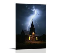 GEMTOFNMA Poster decorativo da appendere in stile contemporaneo, 40 x 60 cm, motivo: fulmine colpisce il campanile di una chiesa di campagna, spaccando il legno ma lasciando intatta la croce