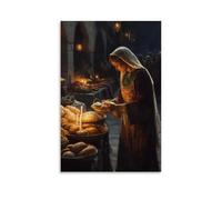 GEMTOFNMA Poster decorativo da appendere in stile contemporaneo, 40 x 60 cm, motivo: Mary guarda su un mercato all'alba, benedizione mercanti mentre mettono il pane accanto alla candela