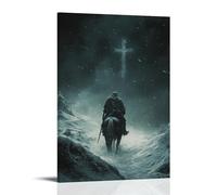 GEMTOFNMA Poster decorativo da appendere in stile contemporaneo, 50 x 75 cm, cavalcando attraverso una bufera di neve, un cavaliere segue il debole bagliore di una croce lontana scolpita nel ghiaccio