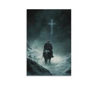 GEMTOFNMA Poster decorativo da appendere in stile contemporaneo, 50 x 75 cm, cavalcando attraverso una bufera di neve, un cavaliere segue il debole bagliore di una croce lontana scolpita nel ghiaccio