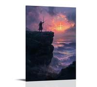 GEMTOFNMA Poster decorativo da appendere in stile contemporaneo, 60 x 90 cm, con scritta in inglese "On a Cliff's Edge, A Knight Raises His Sword in Salute to the Cross" (alba che sorge dal mare)