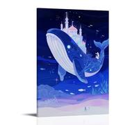 GEMTOFNMA Poster decorativo da appendere in stile contemporaneo, con balena di mare profondo che trasporta un castello luminoso, circondato da pesci, acqua di mare sfumata in blu e viola, poster