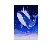 GEMTOFNMA Poster decorativo da appendere in stile contemporaneo, con balena di mare profondo che trasporta un castello luminoso, circondato da pesci, acqua di mare in sfumatura blu-viola, poster