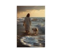 GEMTOFNMA Poster decorativo da appendere in stile contemporaneo, con Gesù sulla riva dell'oceano, Gesù cammina con l'agnello mentre la marea lava via le tracce del lupo dietro di loro. Poster