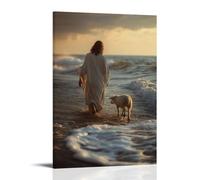GEMTOFNMA Poster decorativo da appendere in stile contemporaneo, Gesù cammina con l'agnello mentre la marea lava via le tracce del lupo dietro di loro. Decorazione artistica da appendere in stile