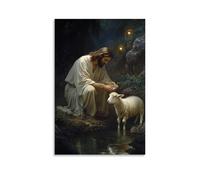 GEMTOFNMA Poster decorativo da appendere in stile contemporaneo, in ginocchio accanto a una primavera, Gesù offre acqua a un agnello stanco mentre gli occhi luminosi emergono dalla cresta superiore