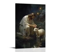 GEMTOFNMA Poster decorativo da appendere in stile contemporaneo, in ginocchio accanto a una primavera, Gesù offre acqua a un agnello stanco mentre gli occhi luminosi emergono dalla cresta superiore