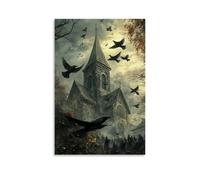 GEMTOFNMA Poster decorativo da appendere in stile contemporaneo, motivo: corvi si riuniscono sopra il campanile mentre cantano i monaci, le ali che si muovono con il ritmo. Poster decorativo da