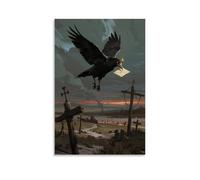 GEMTOFNMA Poster decorativo da appendere in stile contemporaneo, motivo: corvo con un occhio solo con una lettera ardente nel becco, che vola sopra una terra desolata di forca, decorazione artistica