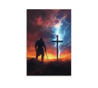 GEMTOFNMA Poster decorativo da appendere in stile contemporaneo, motivo: fulmine divide il cielo mentre il cavaliere pianta la sua spada accanto a una croce, in attesa della risposta del cielo. Poster