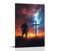 GEMTOFNMA Poster decorativo da appendere in stile contemporaneo, motivo: fulmine divide il cielo mentre il cavaliere pianta la sua spada accanto a una croce, in attesa della risposta del cielo. Poster