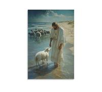 GEMTOFNMA Poster decorativo da appendere in stile contemporaneo, motivo: Gesù si trova nelle acque del mare, lava i piedi dell'agnello mentre i lupi si radunano sulle dune lontane. Poster decorativo