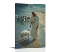 GEMTOFNMA Poster decorativo da appendere in stile contemporaneo, motivo: Gesù si trova nelle acque del mare, lava i piedi dell'agnello mentre i lupi si radunano sulle dune lontane. Poster decorativo
