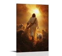 GEMTOFNMA Poster decorativo da appendere in stile contemporaneo, motivo: Il sole sorge dietro Gesù mentre cammina lontano dai lupi, l'agnello che si agita tra le braccia