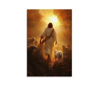 GEMTOFNMA Poster decorativo da appendere in stile contemporaneo, motivo: Il sole sorge dietro Gesù mentre cammina lontano dai lupi, l'agnello che si agita tra le braccia