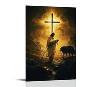 GEMTOFNMA Poster decorativo da appendere in stile contemporaneo, motivo: La croce brilla dietro Gesù mentre solleva un agnello e si allontana dalle fauci aperte di un lupo. Poster decorativo da