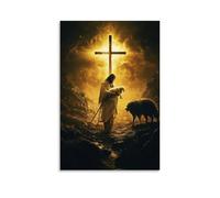 GEMTOFNMA Poster decorativo da appendere in stile contemporaneo, motivo: La croce brilla dietro Gesù mentre solleva un agnello e si allontana dalle fauci aperte di un lupo. Poster decorativo da