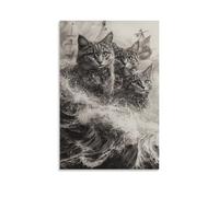 GEMTOFNMA Poster decorativo da parete con gatti pirati che navigano in grafite, onde tempestose, stile contemporaneo, 50 x 75 cm