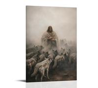 GEMTOFNMA Poster decorativo da parete con lupi dietro, amore avanti - Gesù scuda un gregge con le braccia mentre i lupi aspettano nella nebbia, poster decorativo da appendere, 40 x 60 cm