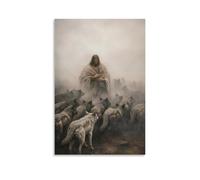 GEMTOFNMA Poster decorativo da parete con lupi dietro e amore avanti - Gesù scuda un gregge con le braccia mentre i lupi aspettano nella nebbia, poster decorativo da appendere, 30 x 45 cm