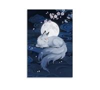 GEMTOFNMA Poster decorativo da parete con volpe a nove code che si arriccia sotto la luna piena, la sua coda soffice che brilla debolmente, con fiori di ciliegio che fluttuano intorno alla parete