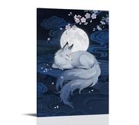 GEMTOFNMA Poster decorativo da parete con volpe a nove code che si arriccia sotto la luna piena, la sua coda soffice che brilla debolmente, con fiori di ciliegio che fluttuano intorno alla parete