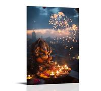 GEMTOFNMA Poster decorativo decorativo da appendere su un tetto della città, Ganesha benedice un piccolo santuario illuminato da candele del tè mentre petardi fioriscono nel cielo. Poster artistico