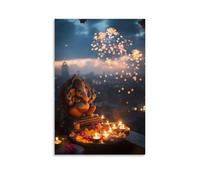 GEMTOFNMA Poster decorativo decorativo da appendere su un tetto della città, Ganesha benedice un piccolo santuario illuminato da candele del tè mentre petardi fioriscono nel cielo. Poster artistico