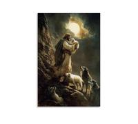 GEMTOFNMA Su una scogliera spazzata dal vento, Gesù solleva l'agnello alla luce del sole mentre i lupi si restringono all'ombra. Poster decorativo da appendere in stile contemporaneo, 50 x 75 cm