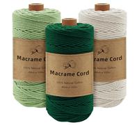 Gemtte Filato Macramè 3 mm x 100 m, Set di 3 Rotoli di Filo Intrecciato Verde per Decorazione da Parete, in Cotone Naturale, per Fai da Te, Decorazione Boho