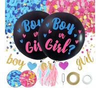 Gender Reveal Party Kit Decorazione Festa con Boy or Girl Banner Ghirlanda 2 Palloncini Neri da 36 Pollici di Revelazione di Genere Nastro di Coriandoli Rosa e Blu Riempiti Ghirlanda di Carta a Frange