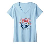 Gender Reveal Rosa o Blu We Love You Baby Celebration Maglietta con Collo a V, Donna, Celeste, XXL
