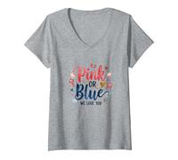 Gender Reveal Rosa o Blu We Love You Baby Celebration Maglietta con Collo a V, Donna, Grigio Melange, M