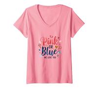 Gender Reveal Rosa o Blu We Love You Baby Celebration Maglietta con Collo a V, Donna, Rosa, M
