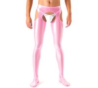 GENEMEN Collant Uomo Sexy Leggings Compressione Pantaloni Aperti al Cavallo Lucidi Glitterati Lingerie Aderente (Rosa, L)